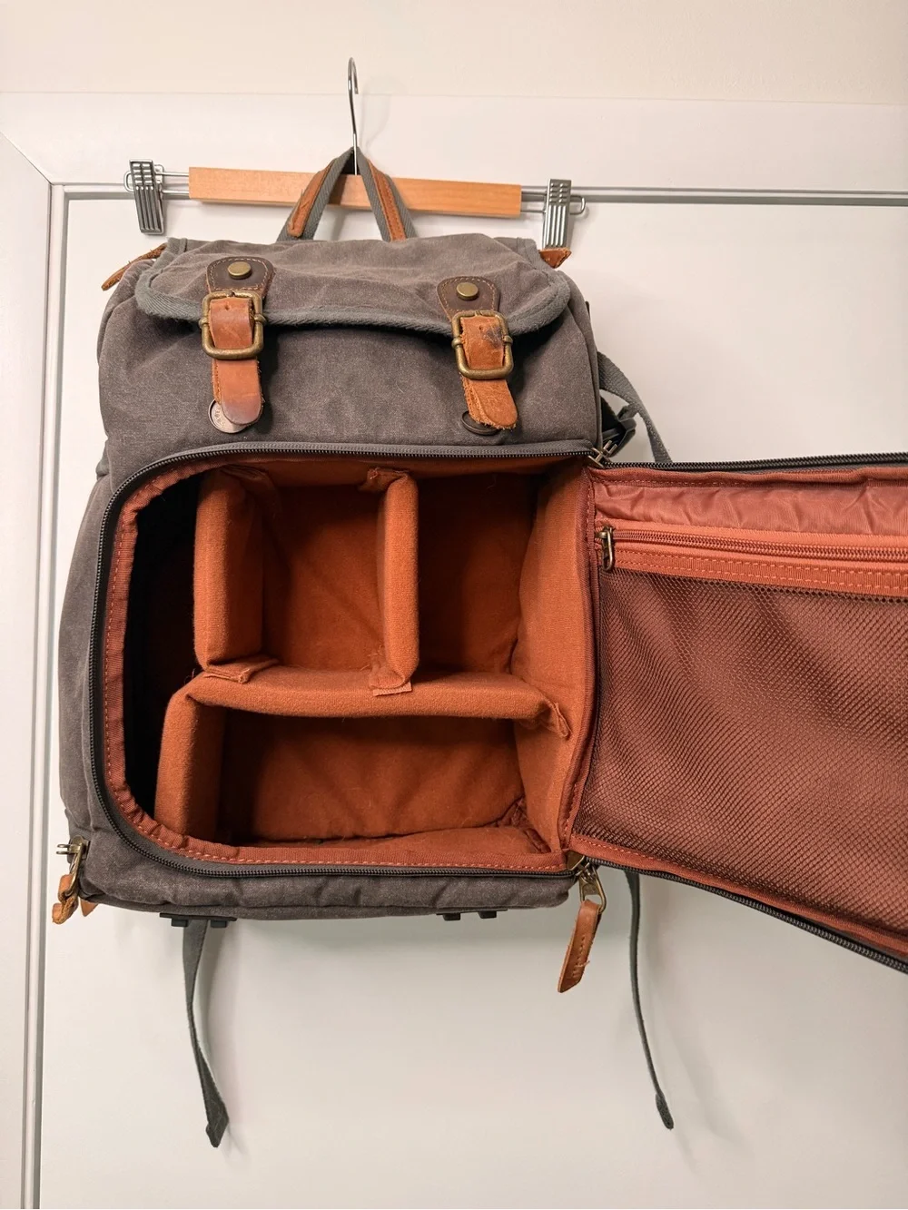 Canvas Camera Backpack for Men - Gray with Tan Accents